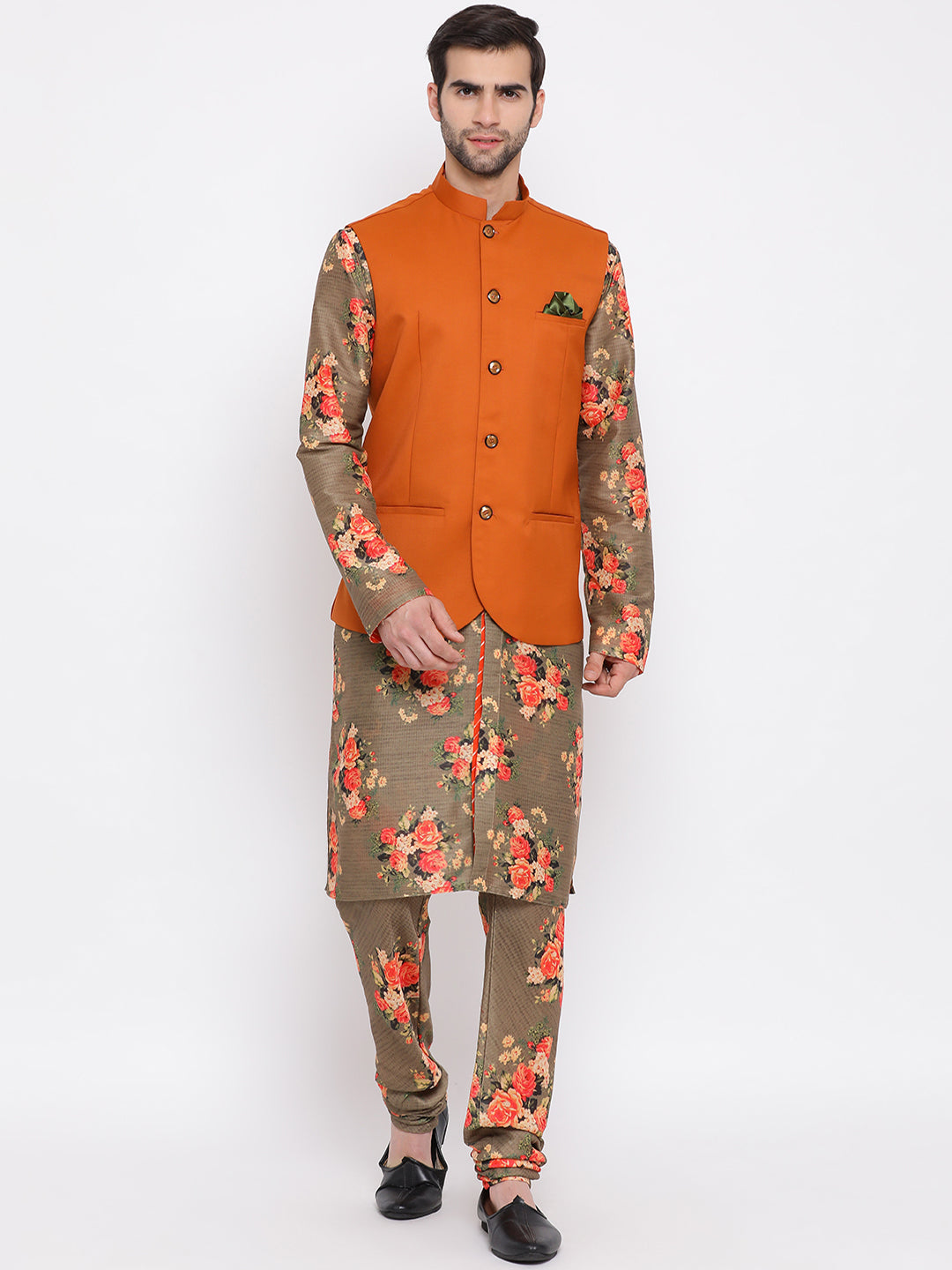 Vastramay Men's Green Silk Blend Jacket, Kurta and Pyjama Set - Distacart