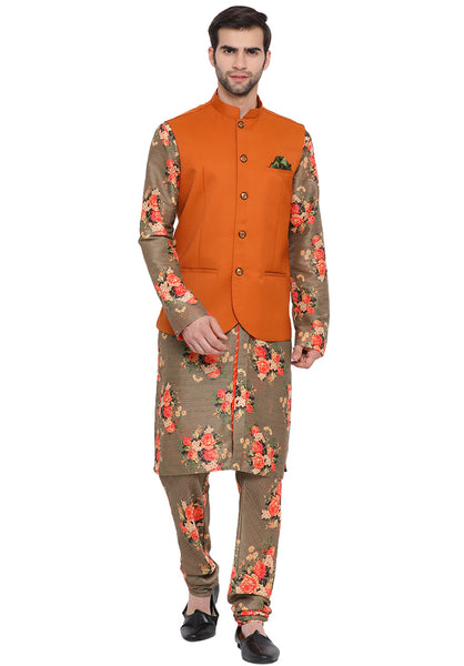 Vastramay Men's Green Silk Blend Jacket, Kurta and Pyjama Set - Distacart