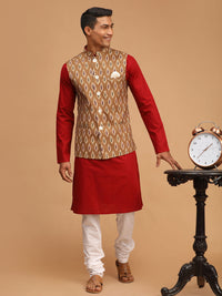 Thumbnail for Vastramay Men's Maroon, Green And White Cotton Blend Jacket, Kurta And Pyjama Set - Distacart