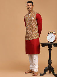 Thumbnail for Vastramay Men's Maroon, Green And White Cotton Blend Jacket, Kurta And Pyjama Set - Distacart