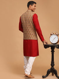Thumbnail for Vastramay Men's Maroon, Green And White Cotton Blend Jacket, Kurta And Pyjama Set - Distacart