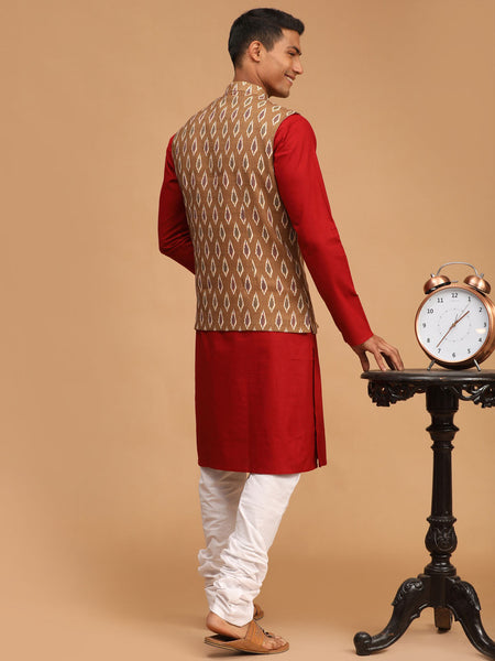 Vastramay Men's Maroon, Green And White Cotton Blend Jacket, Kurta And Pyjama Set - Distacart