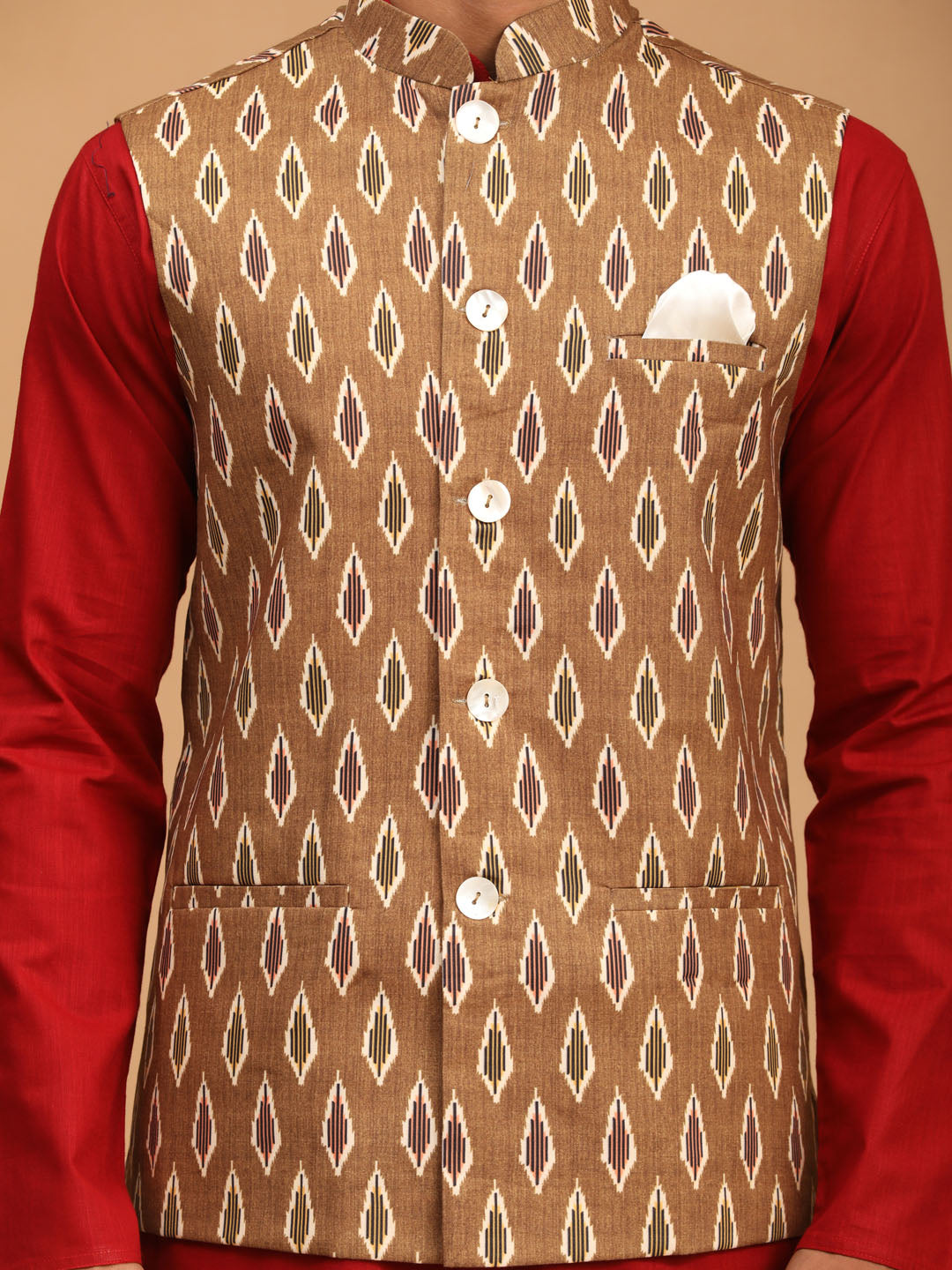 Vastramay Men's Maroon, Green And White Cotton Blend Jacket, Kurta And Pyjama Set - Distacart