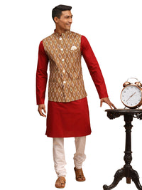 Thumbnail for Vastramay Men's Maroon, Green And White Cotton Blend Jacket, Kurta And Pyjama Set - Distacart