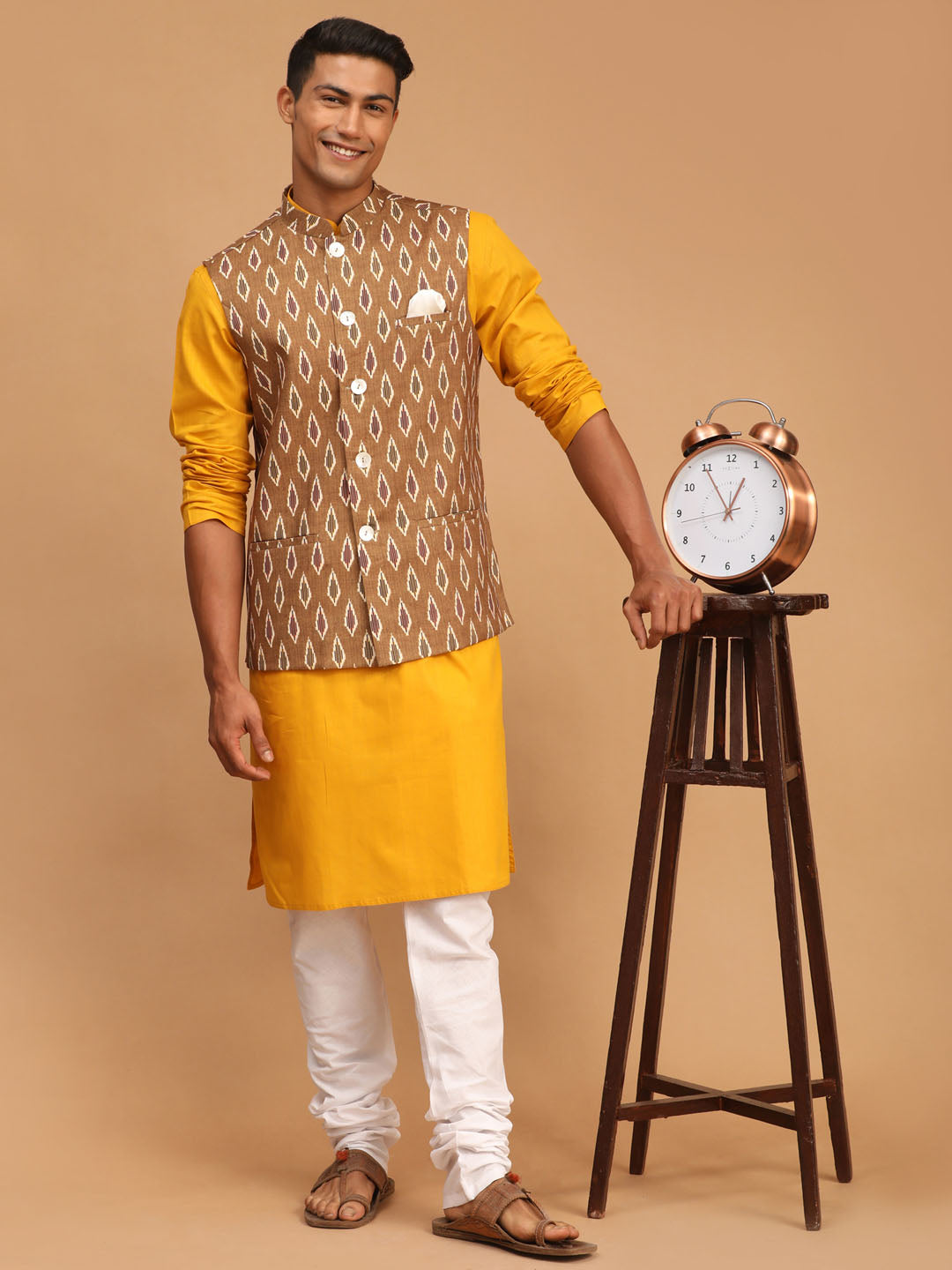 Vastramay Men's Mustard, Green And White Cotton Blend Jacket, Kurta And Pyjama Set - Distacart