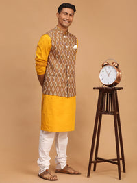 Thumbnail for Vastramay Men's Mustard, Green And White Cotton Blend Jacket, Kurta And Pyjama Set - Distacart
