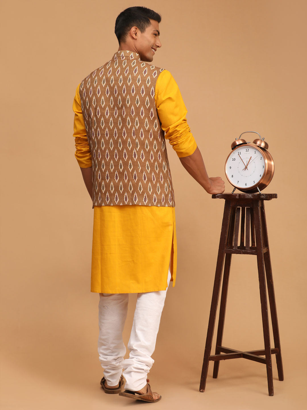 Vastramay Men's Mustard, Green And White Cotton Blend Jacket, Kurta And Pyjama Set - Distacart