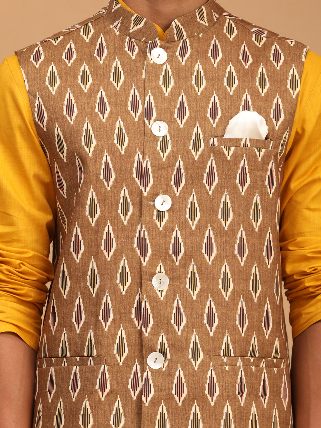 Vastramay Men's Mustard, Green And White Cotton Blend Jacket, Kurta And Pyjama Set - Distacart
