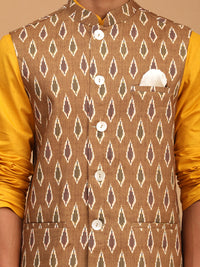 Thumbnail for Vastramay Men's Mustard, Green And White Cotton Blend Jacket, Kurta And Pyjama Set - Distacart
