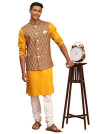 Thumbnail for Vastramay Men's Mustard, Green And White Cotton Blend Jacket, Kurta And Pyjama Set - Distacart