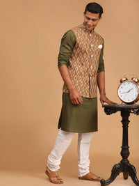 Thumbnail for Vastramay Men's Green And White Cotton Blend Jacket, Kurta And Pyjama Set - Distacart