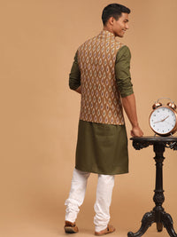 Thumbnail for Vastramay Men's Green And White Cotton Blend Jacket, Kurta And Pyjama Set - Distacart