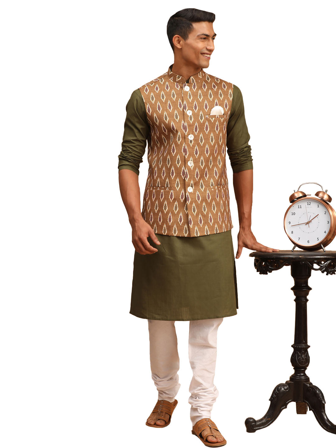 Vastramay Men's Green And White Cotton Blend Jacket, Kurta And Pyjama Set - Distacart