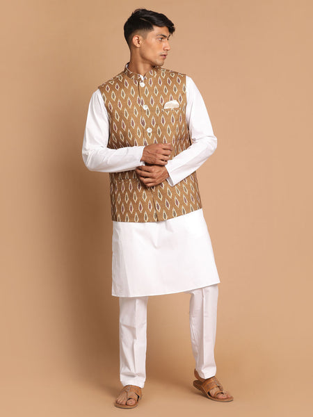 Vastramay Men's Green And White Pure Cotton Jacket, Kurta And Pyjama Set - Distacart