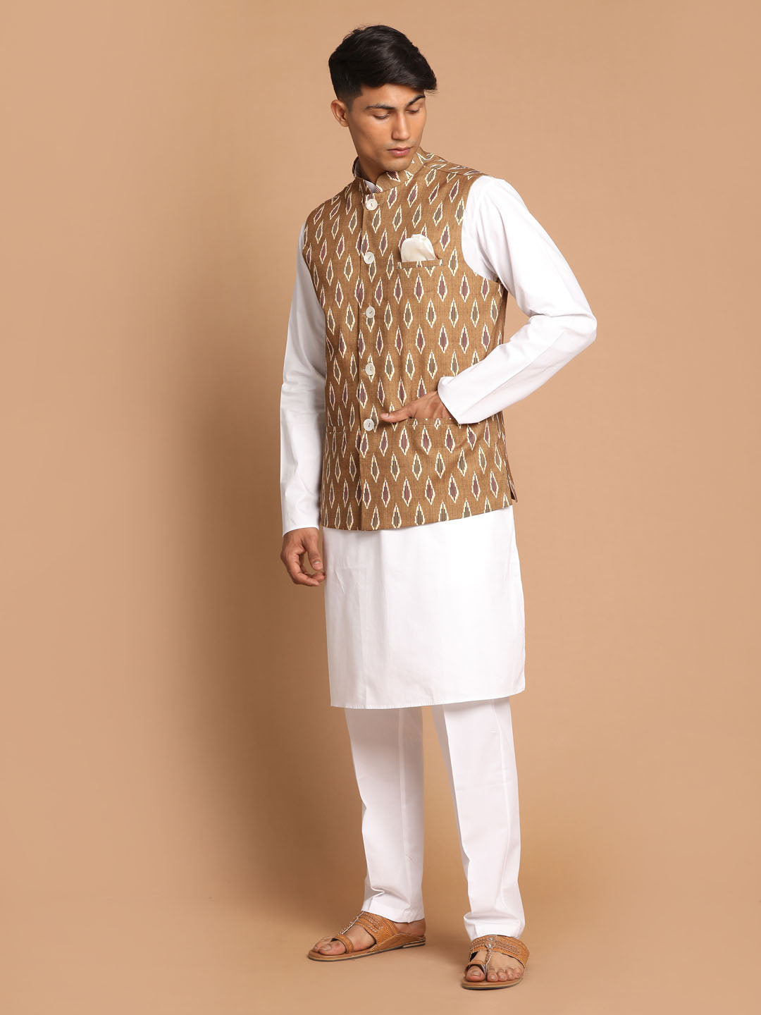 Vastramay Men's Green And White Pure Cotton Jacket, Kurta And Pyjama Set - Distacart