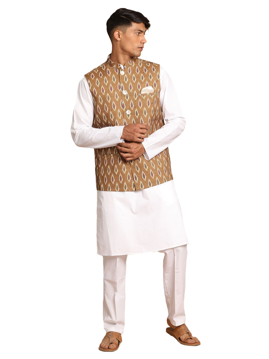 Vastramay Men's Green And White Pure Cotton Jacket, Kurta And Pyjama Set - Distacart