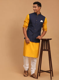 Thumbnail for Vastramay Men's Mustard, Navy Blue And White Cotton Blend Jacket, Kurta And Pyjama Set - Distacart