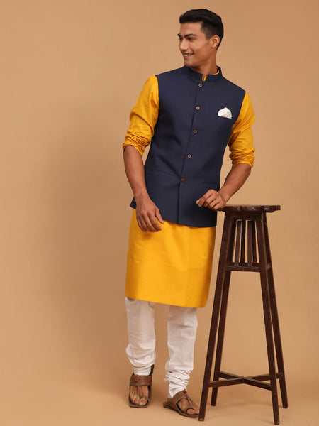 Vastramay Men's Mustard, Navy Blue And White Cotton Blend Jacket, Kurta And Pyjama Set - Distacart