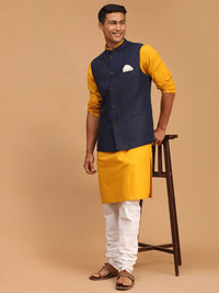Thumbnail for Vastramay Men's Mustard, Navy Blue And White Cotton Blend Jacket, Kurta And Pyjama Set - Distacart