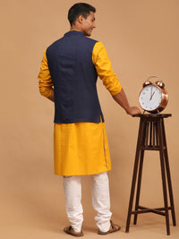 Thumbnail for Vastramay Men's Mustard, Navy Blue And White Cotton Blend Jacket, Kurta And Pyjama Set - Distacart
