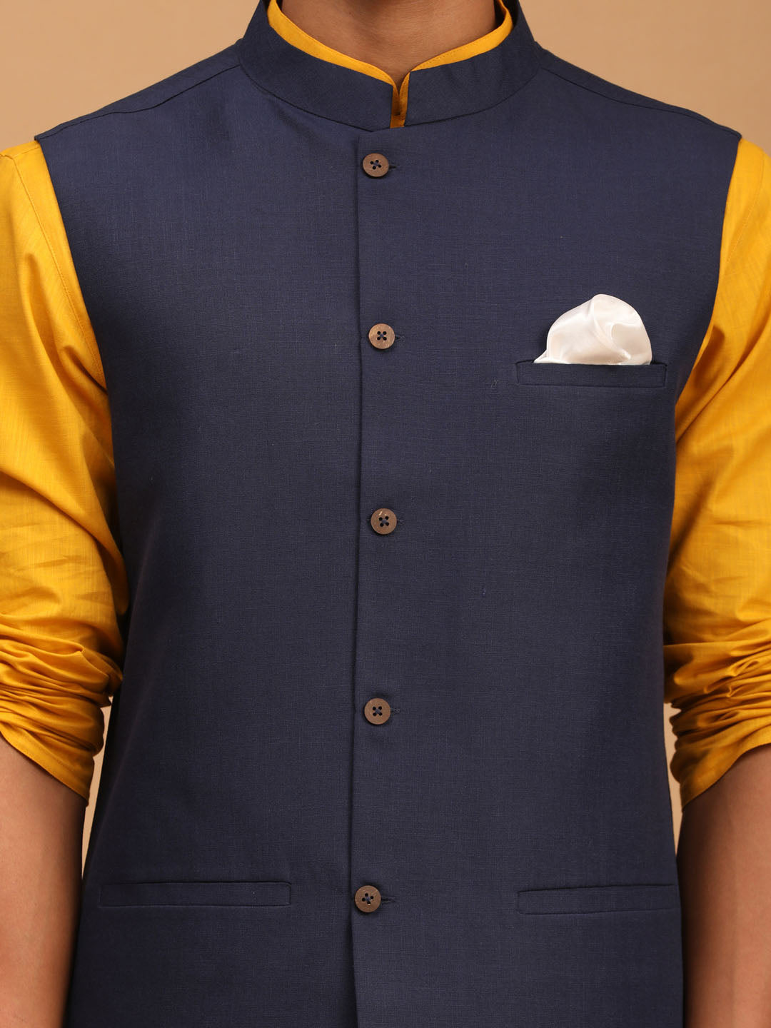 Vastramay Men's Mustard, Navy Blue And White Cotton Blend Jacket, Kurta And Pyjama Set - Distacart