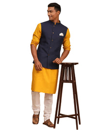 Thumbnail for Vastramay Men's Mustard, Navy Blue And White Cotton Blend Jacket, Kurta And Pyjama Set - Distacart