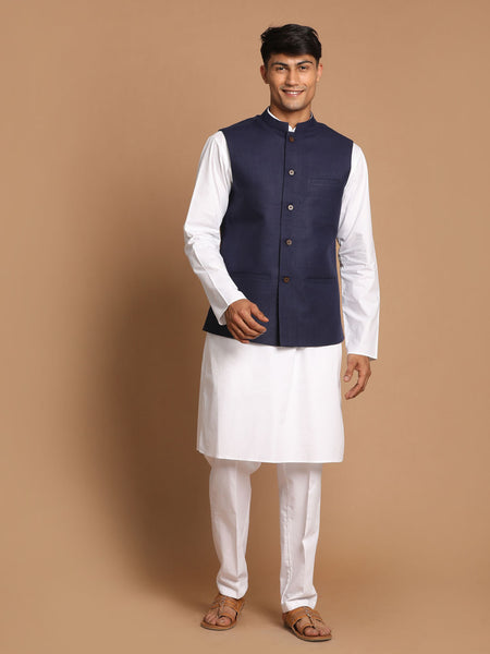 Vastramay Men's Navy Blue And White Pure Cotton Jacket, Kurta And Pyjama Set - Distacart