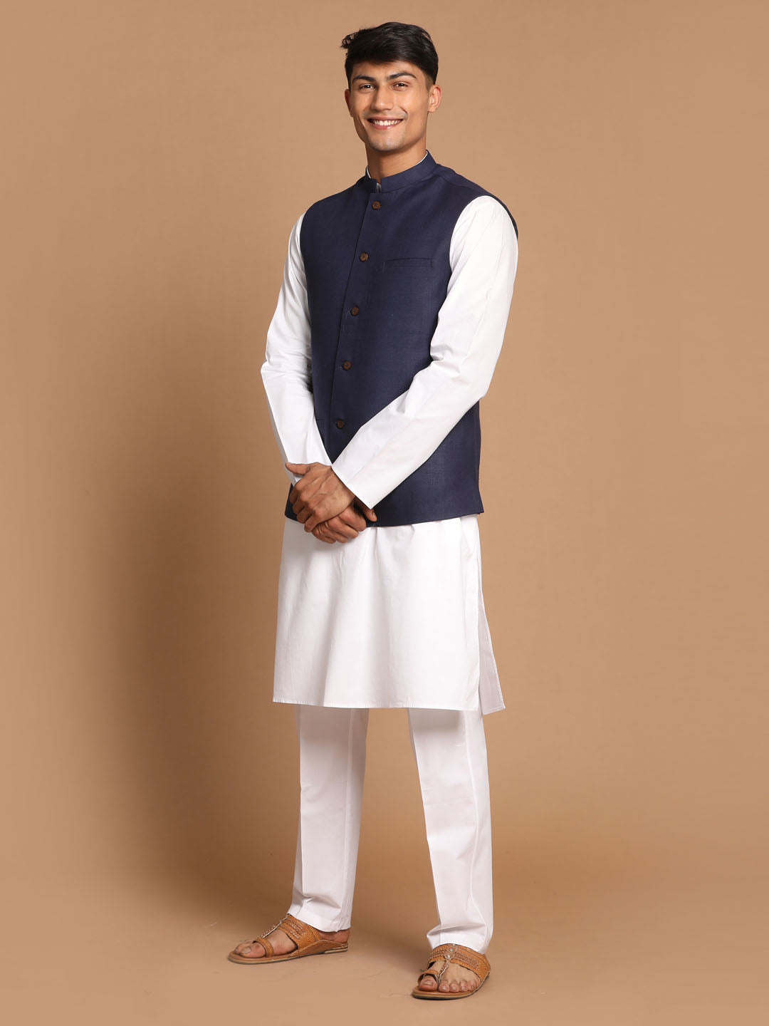Vastramay Men's Navy Blue And White Pure Cotton Jacket, Kurta And Pyjama Set - Distacart