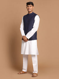 Thumbnail for Vastramay Men's Navy Blue And White Pure Cotton Jacket, Kurta And Pyjama Set - Distacart