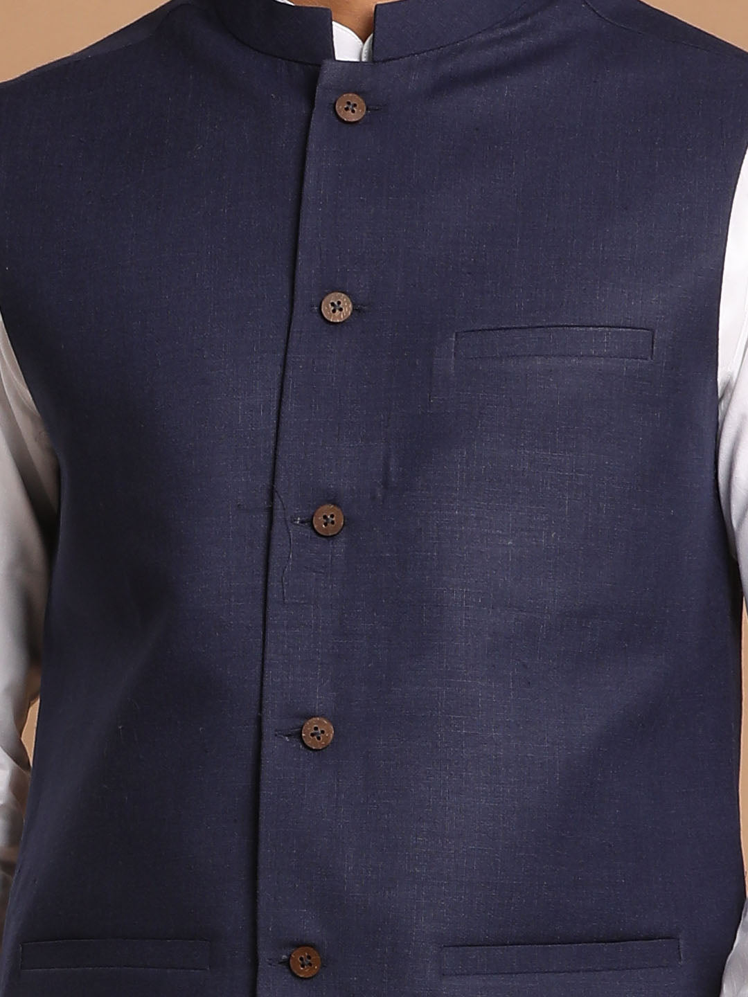 Vastramay Men's Navy Blue And White Pure Cotton Jacket, Kurta And Pyjama Set - Distacart