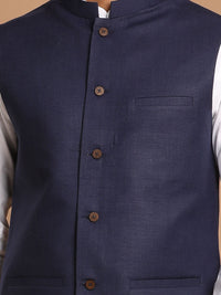 Thumbnail for Vastramay Men's Navy Blue And White Pure Cotton Jacket, Kurta And Pyjama Set - Distacart