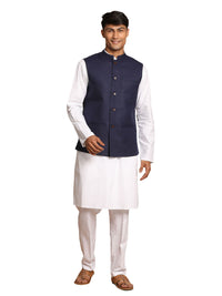Thumbnail for Vastramay Men's Navy Blue And White Pure Cotton Jacket, Kurta And Pyjama Set - Distacart