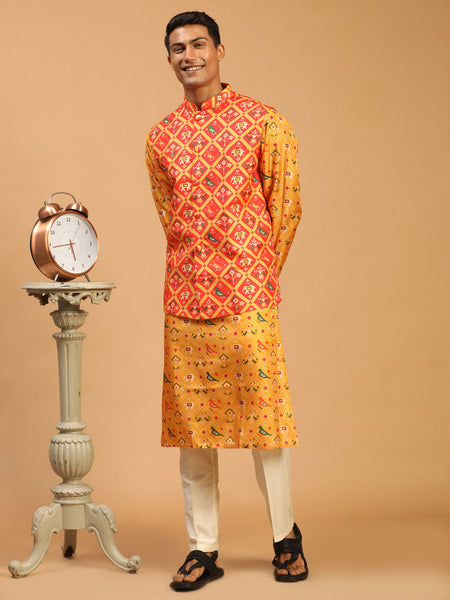 Vastramay Men's Red, Yellow And Cream Silk Blend Jacket, Kurta And Pyjama Set - Distacart