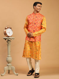 Thumbnail for Vastramay Men's Red, Yellow And Cream Silk Blend Jacket, Kurta And Pyjama Set - Distacart