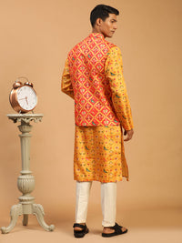 Thumbnail for Vastramay Men's Red, Yellow And Cream Silk Blend Jacket, Kurta And Pyjama Set - Distacart
