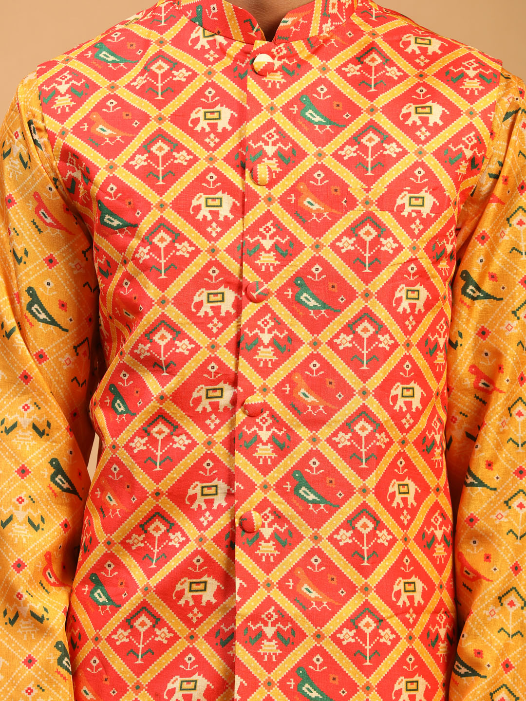 Vastramay Men's Red, Yellow And Cream Silk Blend Jacket, Kurta And Pyjama Set - Distacart