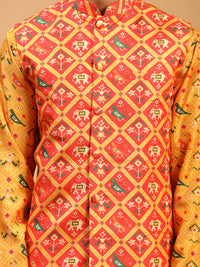 Thumbnail for Vastramay Men's Red, Yellow And Cream Silk Blend Jacket, Kurta And Pyjama Set - Distacart
