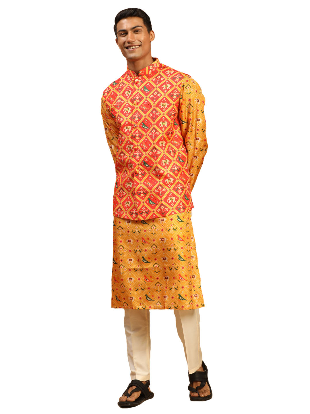 Vastramay Men's Red, Yellow And Cream Silk Blend Jacket, Kurta And Pyjama Set - Distacart
