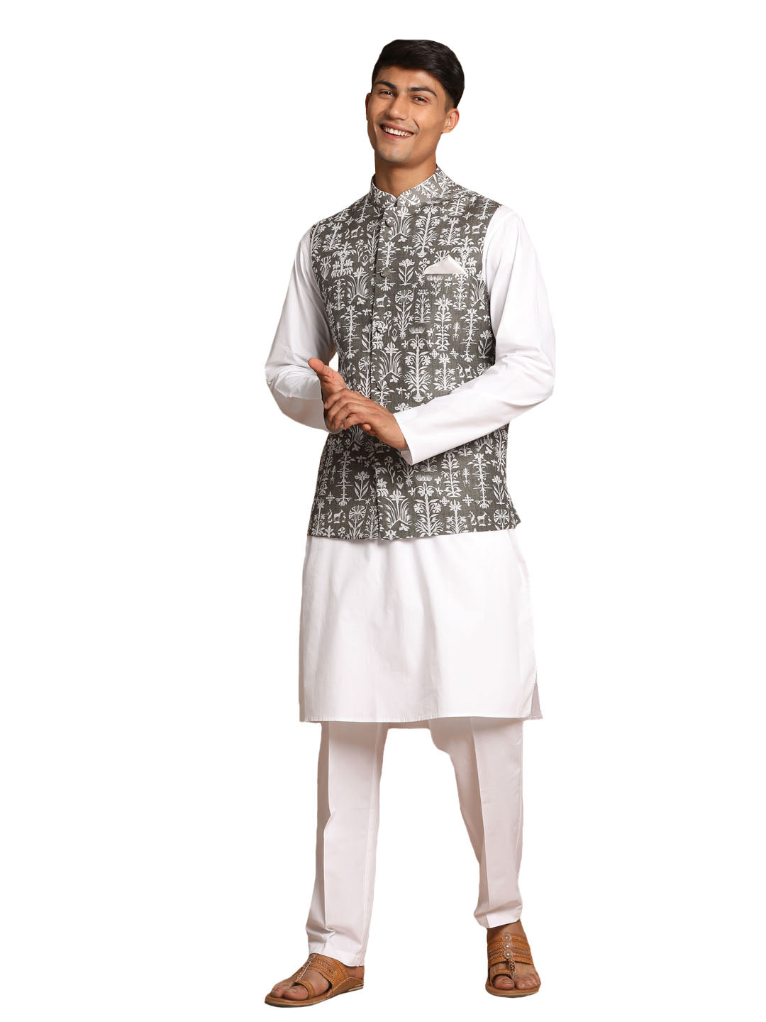 Vastramay Men's Green And White Pure Cotton Jacket, Kurta And Pyjama Set - Distacart