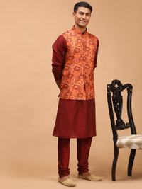 Thumbnail for Vastramay Men's Rust And Maroon Viscose Jacket, Kurta And Pyjama Set - Distacart