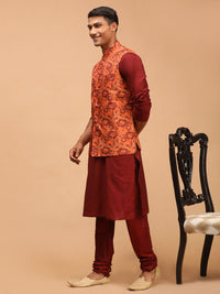 Thumbnail for Vastramay Men's Rust And Maroon Viscose Jacket, Kurta And Pyjama Set - Distacart