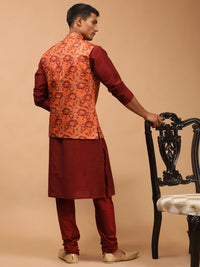 Thumbnail for Vastramay Men's Rust And Maroon Viscose Jacket, Kurta And Pyjama Set - Distacart