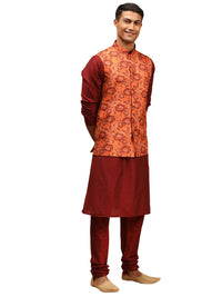 Thumbnail for Vastramay Men's Rust And Maroon Viscose Jacket, Kurta And Pyjama Set - Distacart