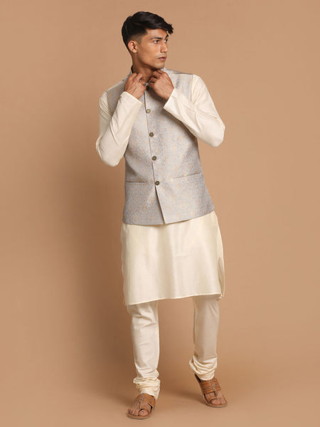 Vastramay Men's Grey And Cream Viscose Jacket, Kurta And Pyjama Set - Distacart
