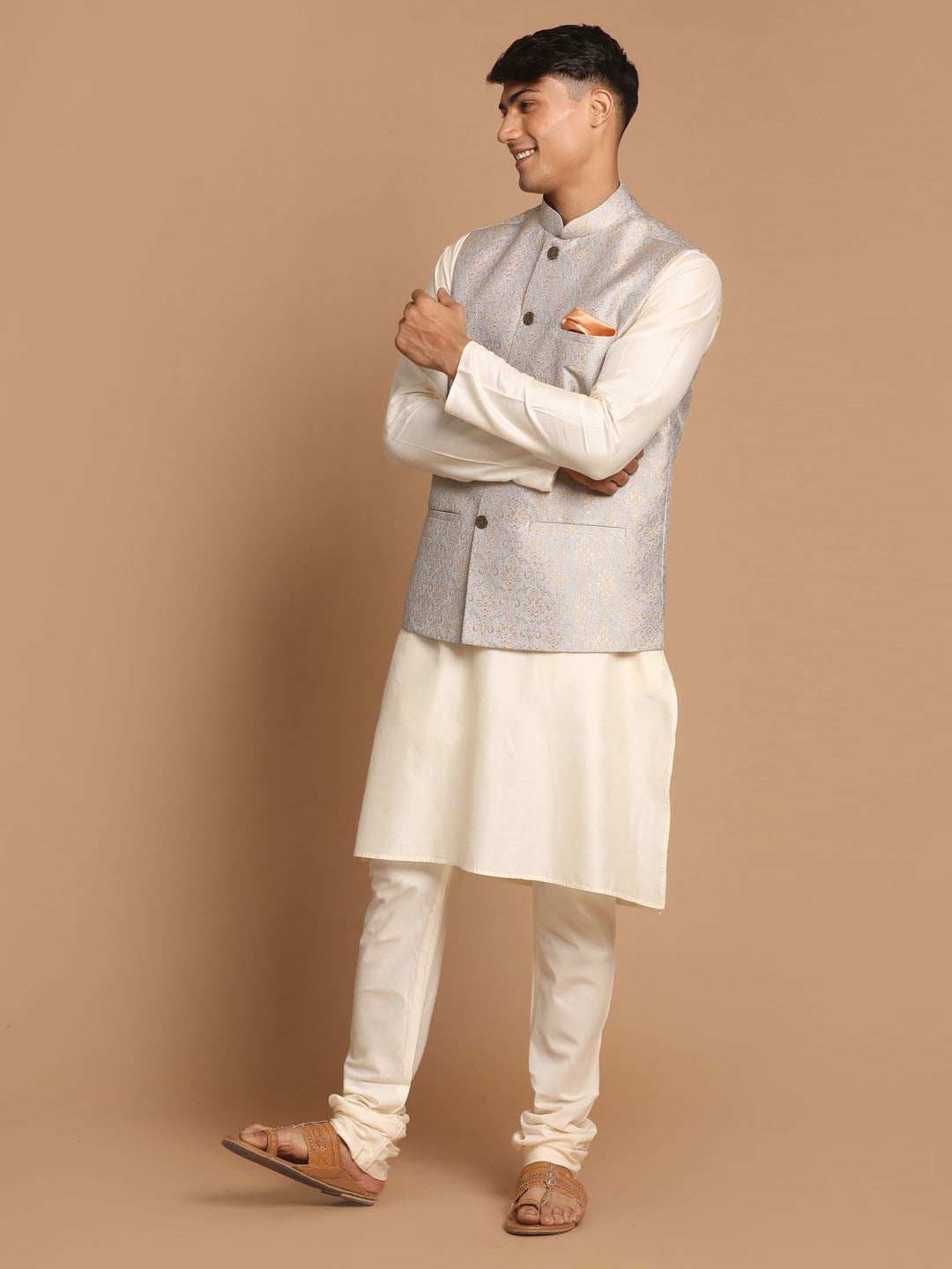Vastramay Men's Grey And Cream Viscose Jacket, Kurta And Pyjama Set - Distacart