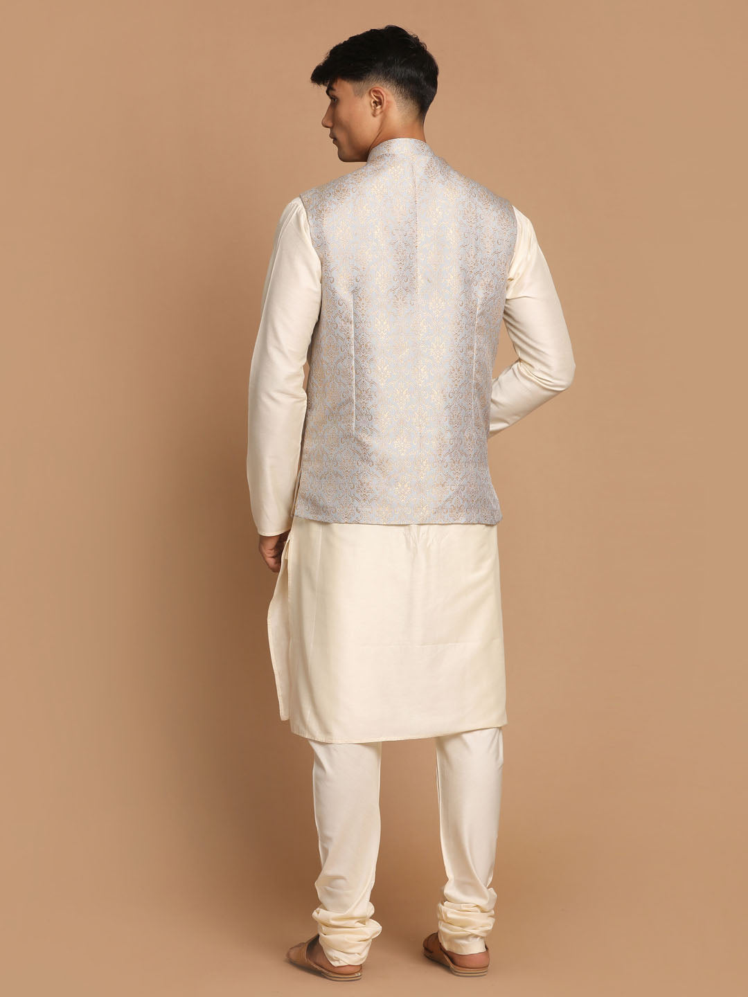 Vastramay Men's Grey And Cream Viscose Jacket, Kurta And Pyjama Set - Distacart