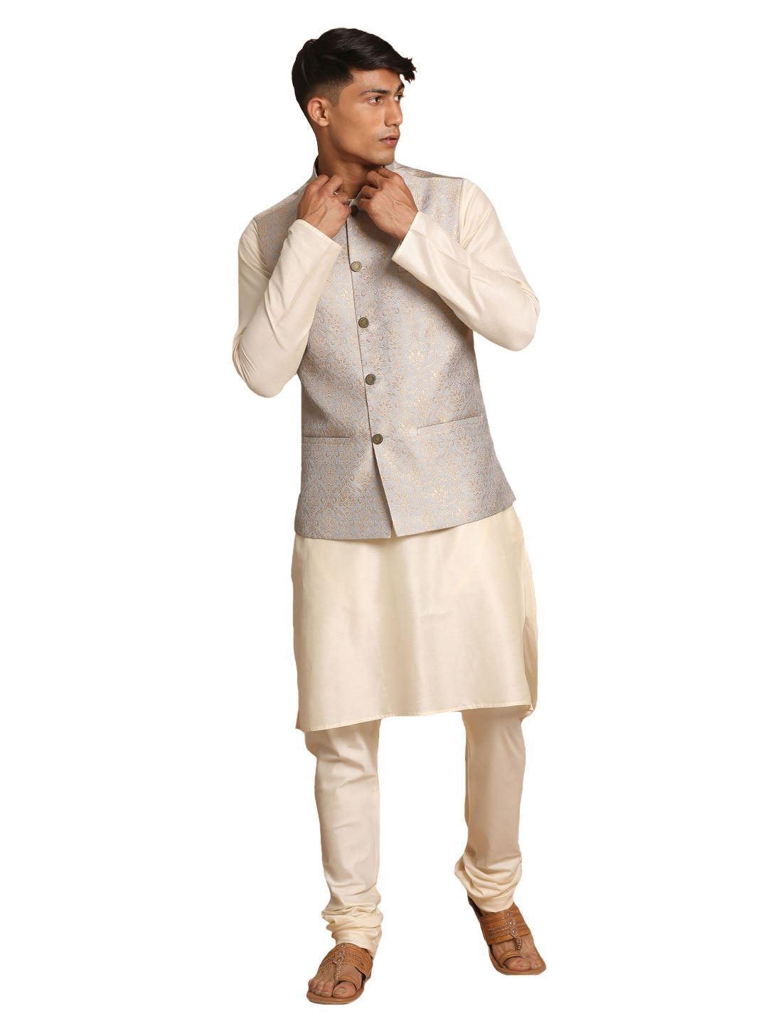 Vastramay Men's Grey And Cream Viscose Jacket, Kurta And Pyjama Set - Distacart