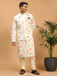 Thumbnail for Vastramay Men's Cream Cotton Blend Jacket, Kurta And Pyjama Set - Distacart