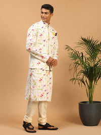 Thumbnail for Vastramay Men's Cream Cotton Blend Jacket, Kurta And Pyjama Set - Distacart