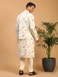 Thumbnail for Vastramay Men's Cream Cotton Blend Jacket, Kurta And Pyjama Set - Distacart